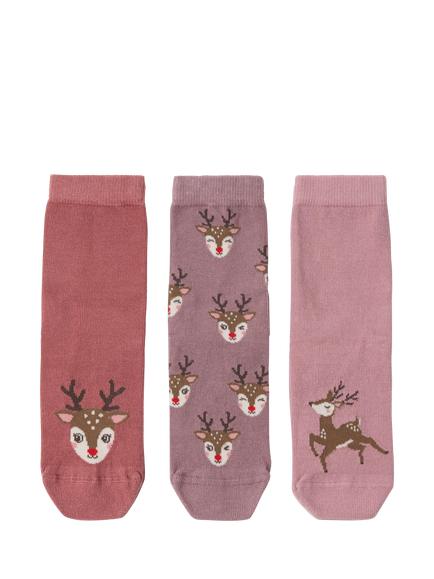 Lindex Kids' Reindeer Anti Slip Socks, Pack of 3, Light Dusty Pink, Light Dusty Pink