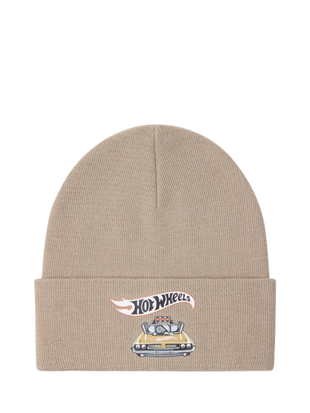 Lindex Kids' Knitted Hot Wheels Beanie Hat, Dusty Beige, Dusty Beige