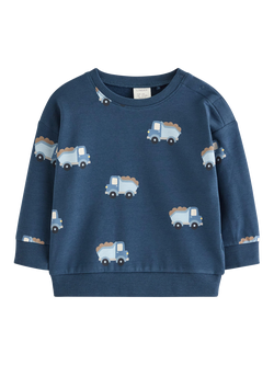 Lindex Baby Crew Neck Truck Print Sweatshirt, Dark Blue, Dark Blue