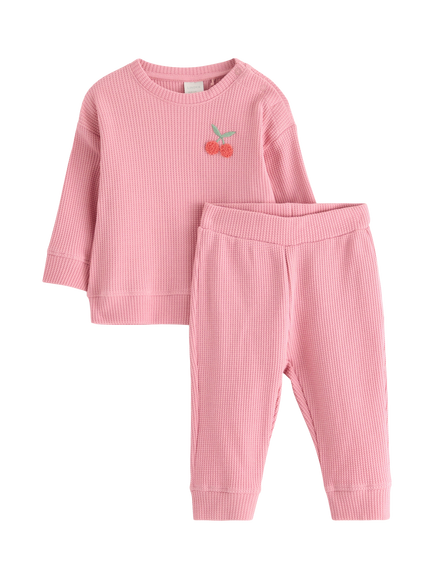 Lindex Kids' Cherries Stretch Cotton Waffle Top & Leggings Set, Dusty Pink, Dusty Pink