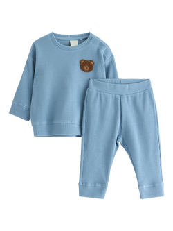 Lindex Baby Waffle Cotton Sweatshirt and Trousers Set, Dusty Blue, Dusty Blue