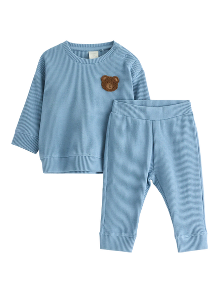 Lindex Baby Waffle Cotton Sweatshirt and Trousers Set, Dusty Blue, Dusty Blue