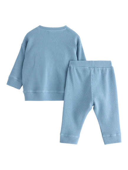 Lindex Baby Waffle Cotton Sweatshirt and Trousers Set, Dusty Blue - view 2, Dusty Blue