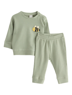 Lindex Kids' Bee Stretch Cotton Waffle Top & Leggings Set, Dusty Green, Dusty Green