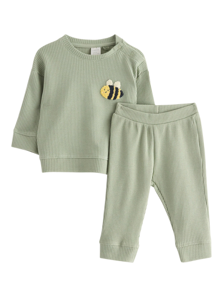 Lindex Kids' Bee Stretch Cotton Waffle Top & Leggings Set, Dusty Green, Dusty Green
