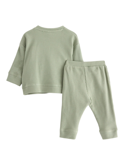 Lindex Kids' Bee Stretch Cotton Waffle Top & Leggings Set, Dusty Green - view 2, Dusty Green