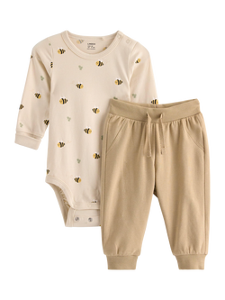 Lindex Baby Bee Print Stretch Cotton Bodysuit &Trousers Set, Beige, Beige
