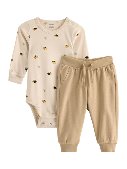 Lindex Baby Bee Print Stretch Cotton Bodysuit &Trousers Set, Beige, Beige