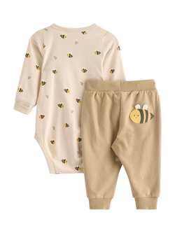Lindex Baby Bee Print Stretch Cotton Bodysuit &Trousers Set, Beige - view 2, Beige