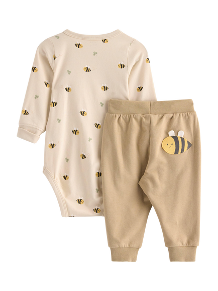 Lindex Baby Bee Print Stretch Cotton Bodysuit &Trousers Set, Beige - view 2, Beige