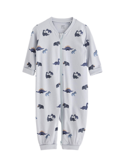 Lindex Baby Cotton Dinosaur Print Zipped Pyjama Onesie, Light Dusty Blue, Light Dusty Blue