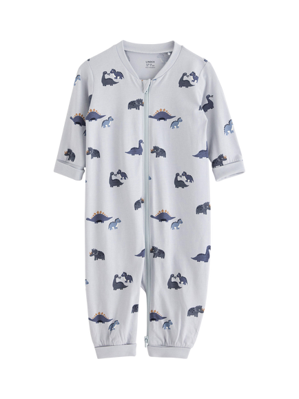 Lindex Baby Cotton Dinosaur Print Zipped Pyjama Onesie, Light Dusty Blue, Light Dusty Blue