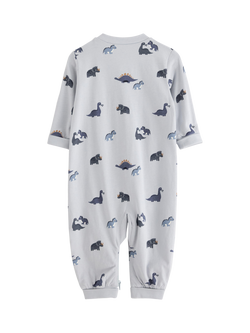 Lindex Baby Cotton Dinosaur Print Zipped Pyjama Onesie, Light Dusty Blue - view 2, Light Dusty Blue