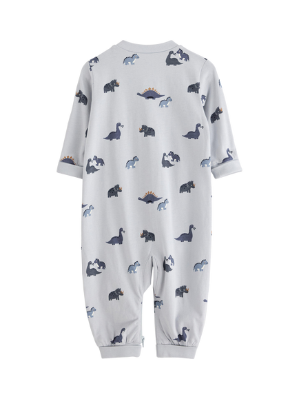 Lindex Baby Cotton Dinosaur Print Zipped Pyjama Onesie, Light Dusty Blue - view 2, Light Dusty Blue