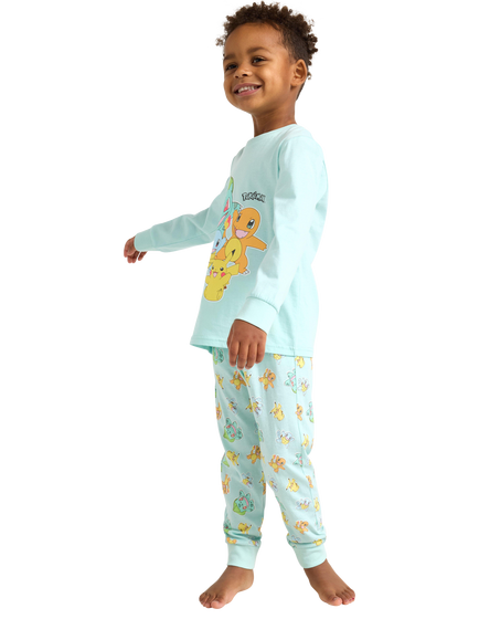 Lindex Kids' Cotton Long Sleeved Pokémon Pyjama Set, Light Dust Turquoise - view 2, Light Dust Turquoise