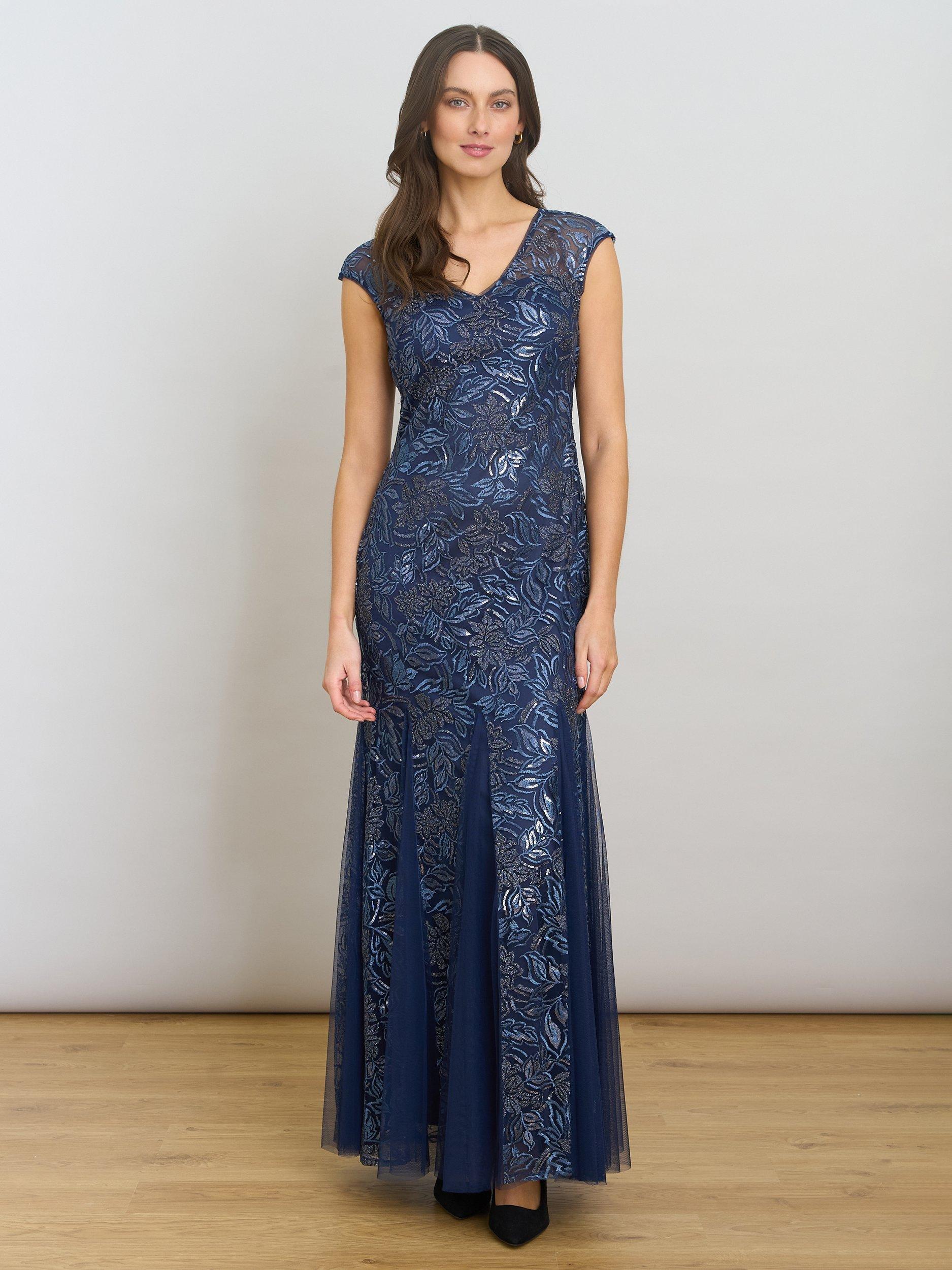 Gina Bacconi Indy Embroidered Floral Maxi Dress & Scarf, Navy