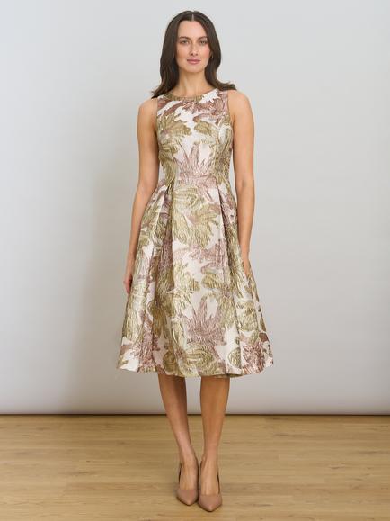 Gina Bacconi Alexandra Floral Jacquard Dress, Taupe/Multi, Taupe/Multi
