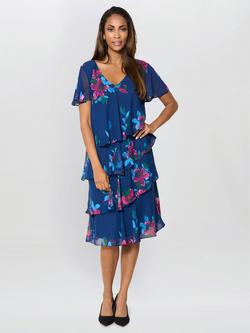 Gina Bacconi Talie Tiered Floral Chiffon Dress, Navy/Multi, Navy/Multi