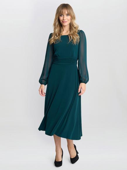 Gina Bacconi Piper Jersey Chiffon Midi Dress, Bottle Green, Bottle Green