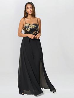 Gina Bacconi Fannie Floral Wide Leg Jumpsuit, Black/Gold, Black/Gold