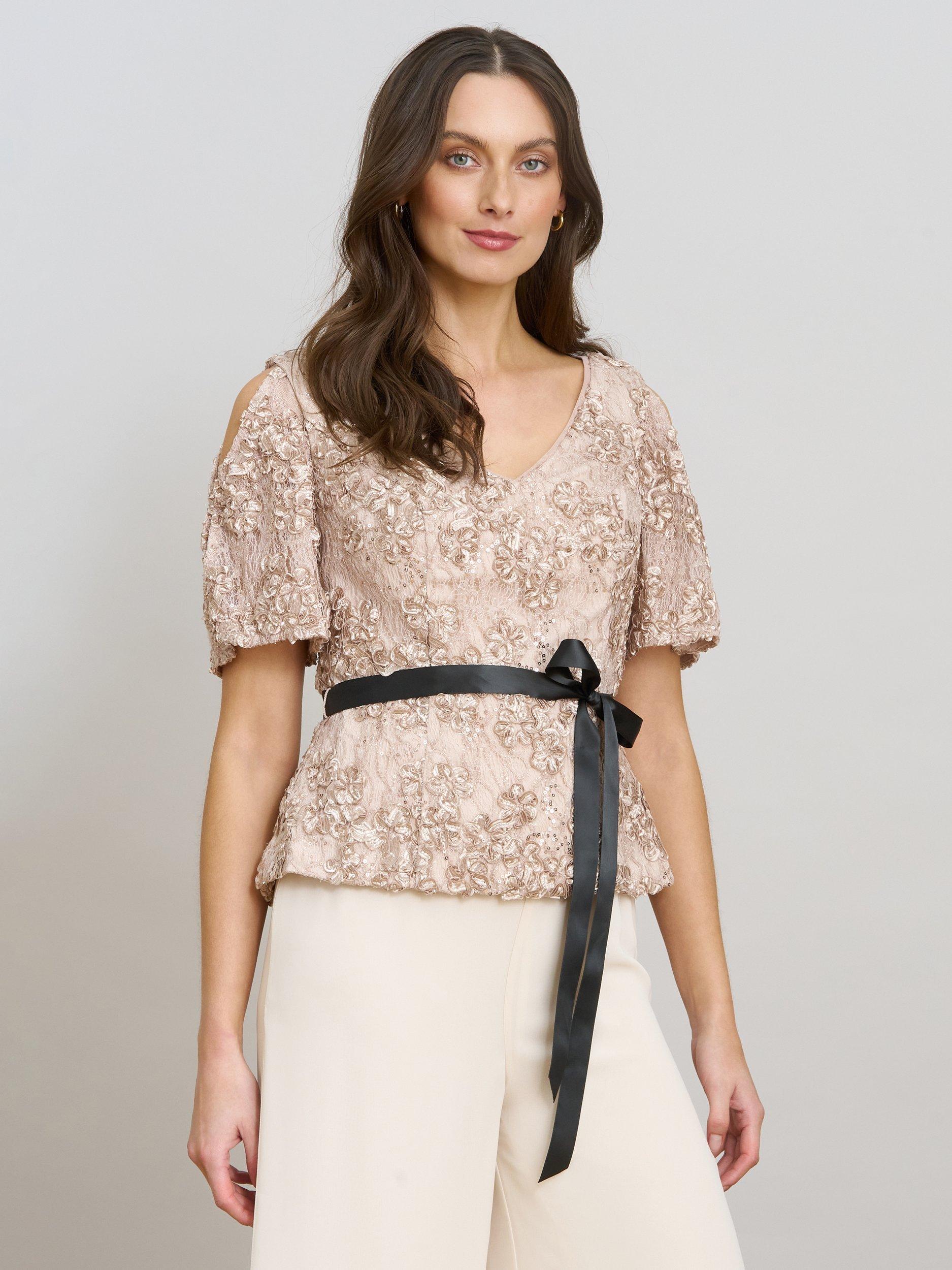 Product image 1 of 7, which shows Gina Bacconi Kitty V-Neck Lace Blouse, Neutral, S