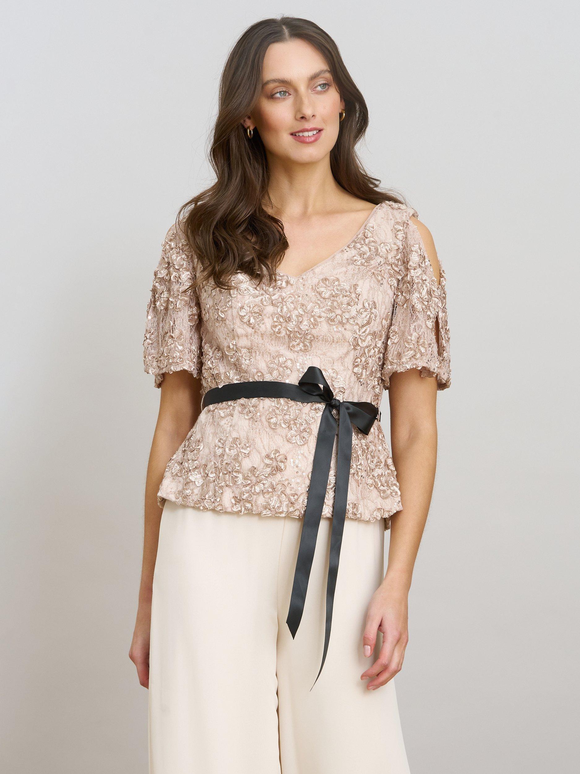 Product image 3 of 7, which shows Gina Bacconi Kitty V-Neck Lace Blouse, Neutral, S
