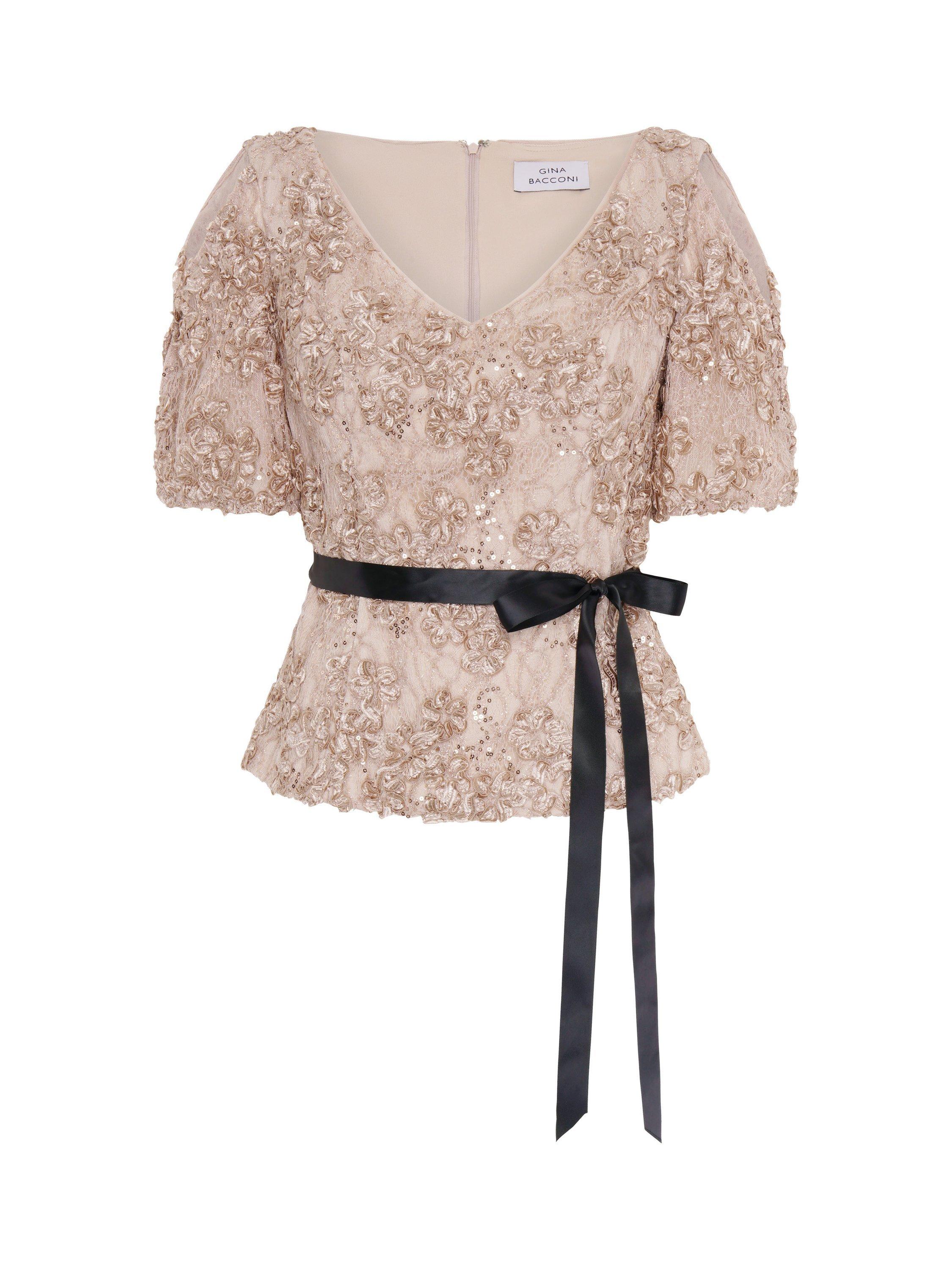 Product image 4 of 7, which shows Gina Bacconi Kitty V-Neck Lace Blouse, Neutral, S
