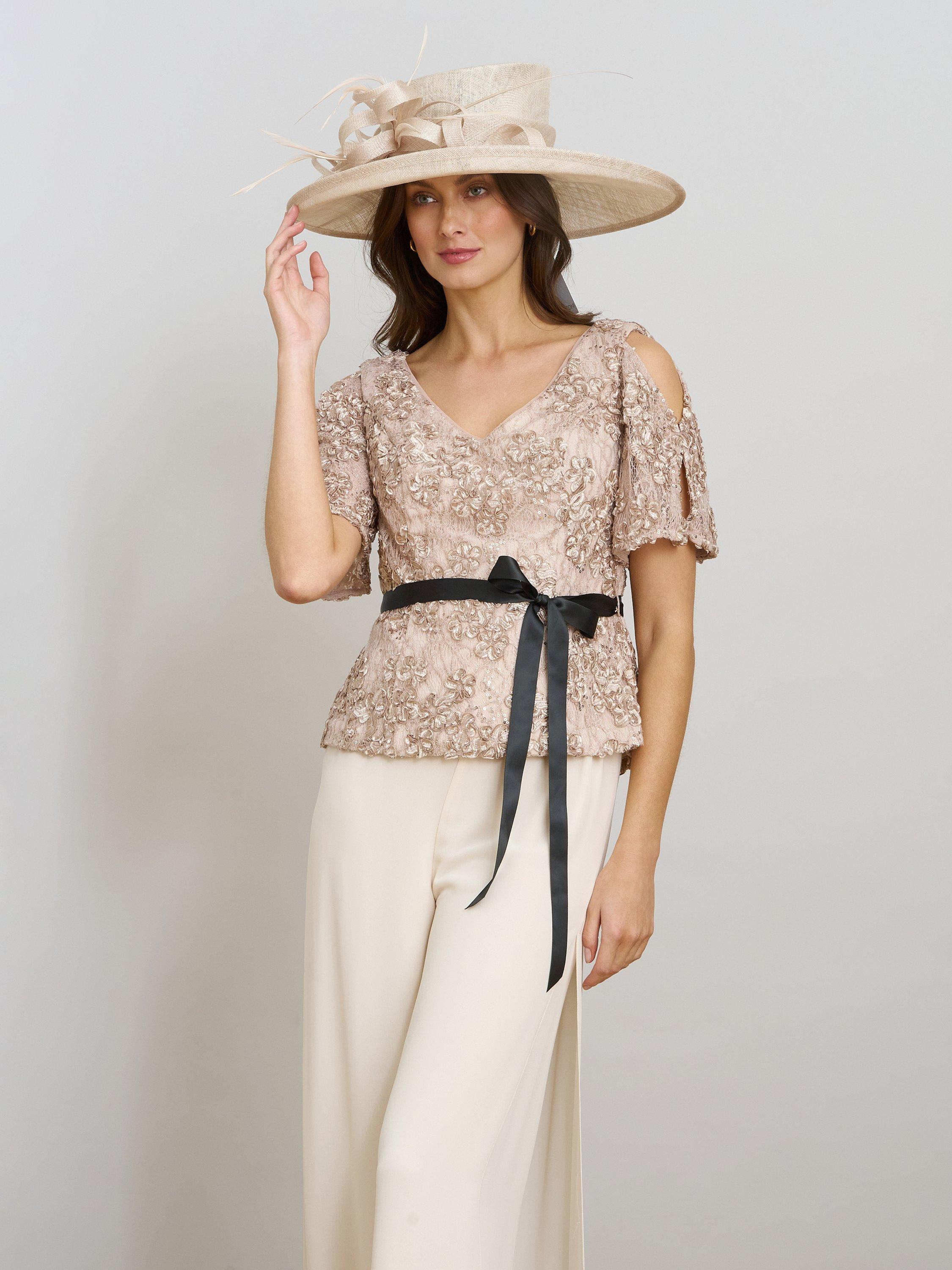 Product image 6 of 7, which shows Gina Bacconi Kitty V-Neck Lace Blouse, Neutral, S