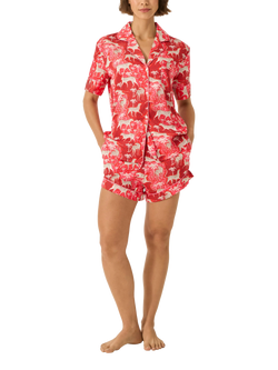 myza Snow Leopard Satin Button Through Short Pyjama Set, Red, Red