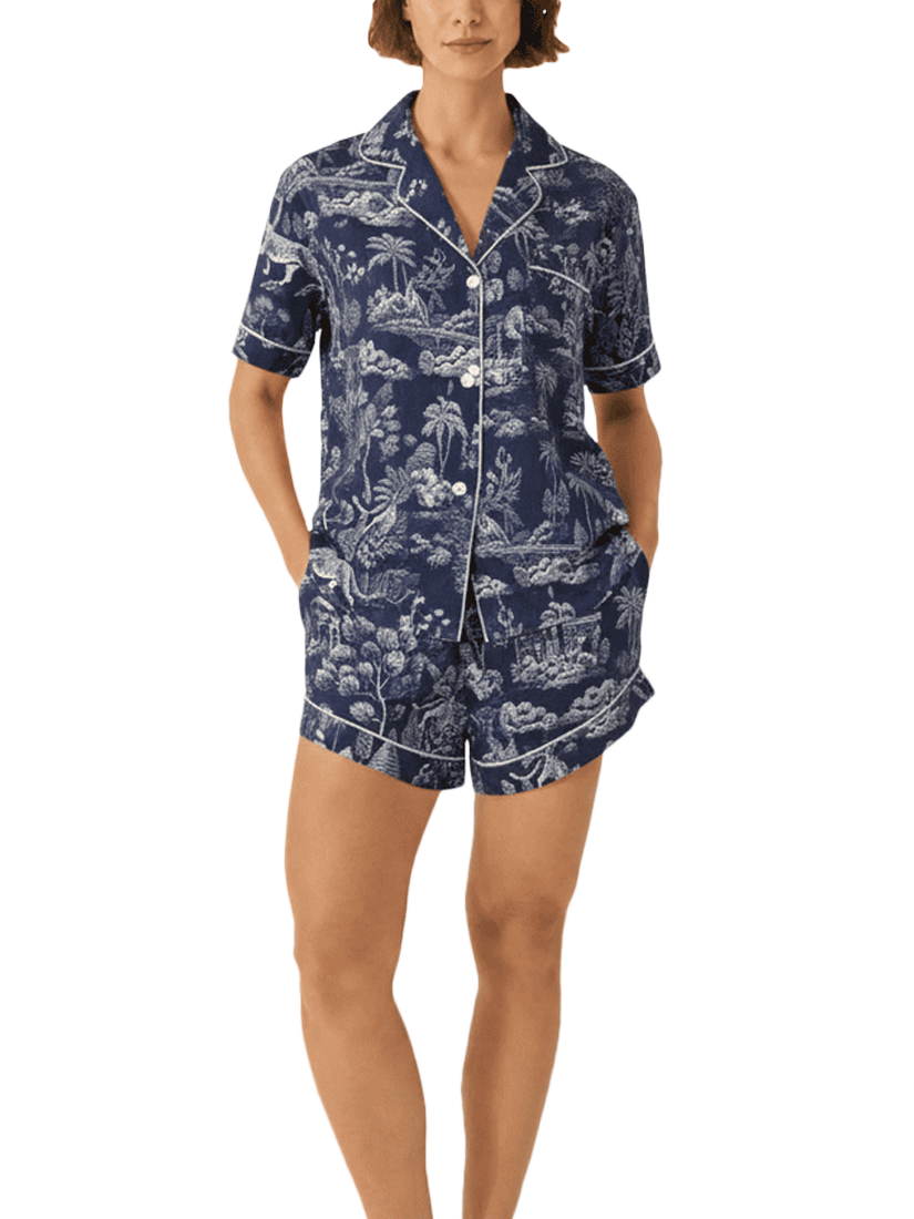 Product image 1 of 3, which shows myza Midnight Jungle Satin Button Through Short Pyjama Set, Midnight Jungle, XS