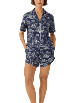 myza Midnight Jungle Satin Button Through Short Pyjama Set, Midnight Jungle, Midnight Jungle