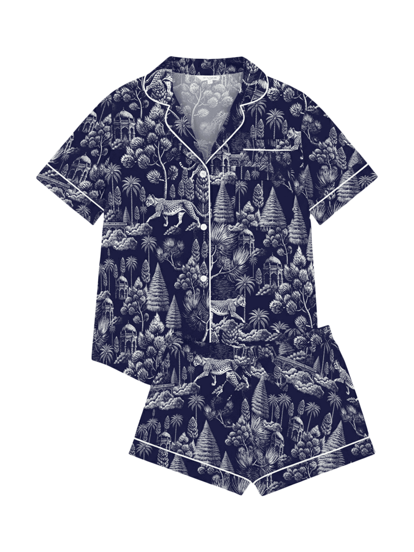 Product image 3 of 3, which shows myza Midnight Jungle Satin Button Through Short Pyjama Set, Midnight Jungle, XS