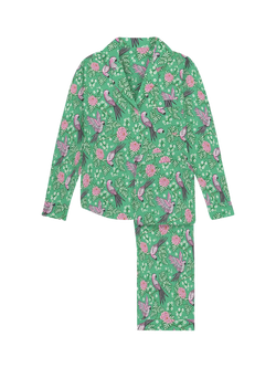 myza Parrot Satin Button Through Long Pyjama Set, Pink Parrot On Green, Pink Parrot On Green
