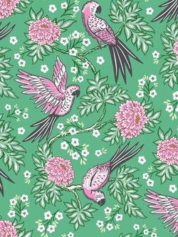 myza Parrot Satin Button Through Long Pyjama Set, Pink Parrot On Green - view 2, Pink Parrot On Green