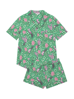 myza Parrots Satin Button Through Short Pyjama Set, Pink Parrot On Green, Pink Parrot On Green