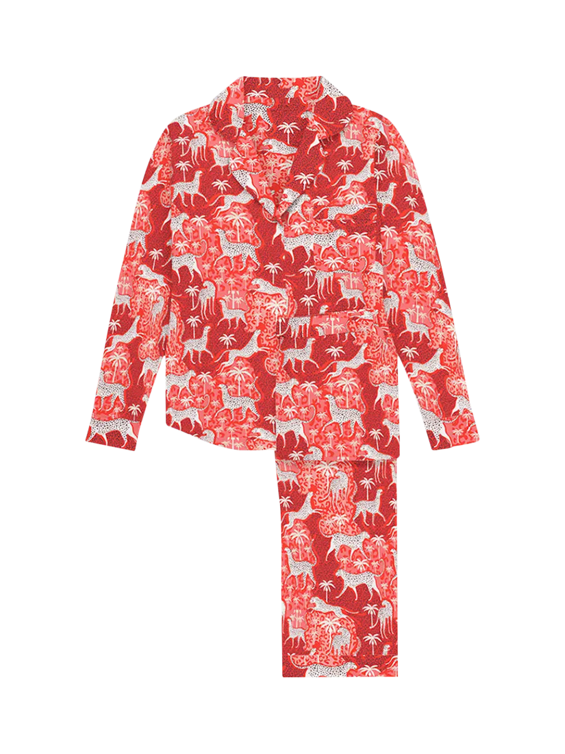 Product image 1 of 2, which shows myza Snow Leopard Satin Button Through Long Pyjama Set, Red Leopard, XS