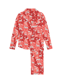 myza Snow Leopard Satin Button Through Long Pyjama Set, Red Leopard, Red Leopard