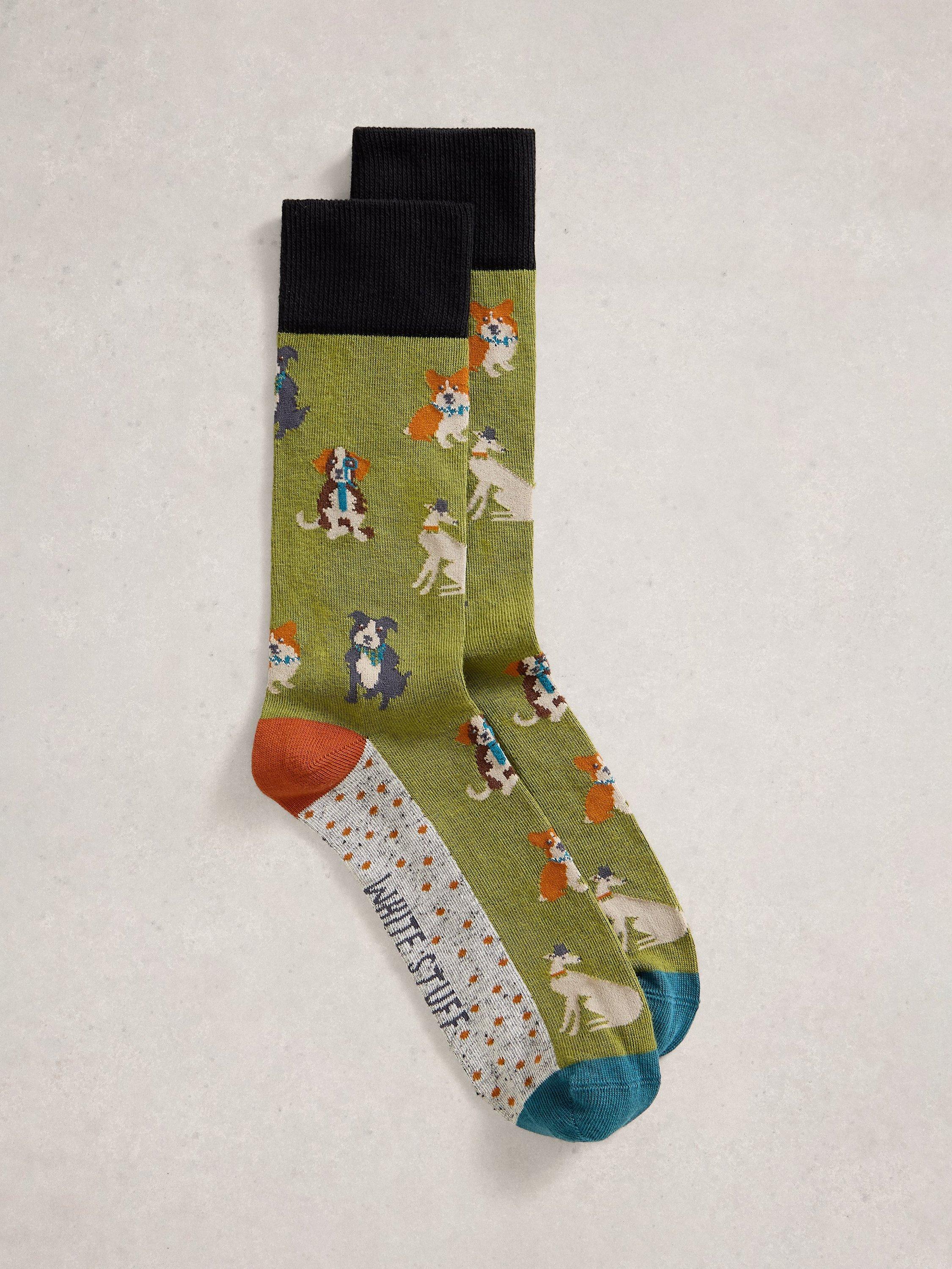 Product image 1 of 2, which shows White Stuff Dapper Dogs Ankle Socks, Green/Multi, 9-12