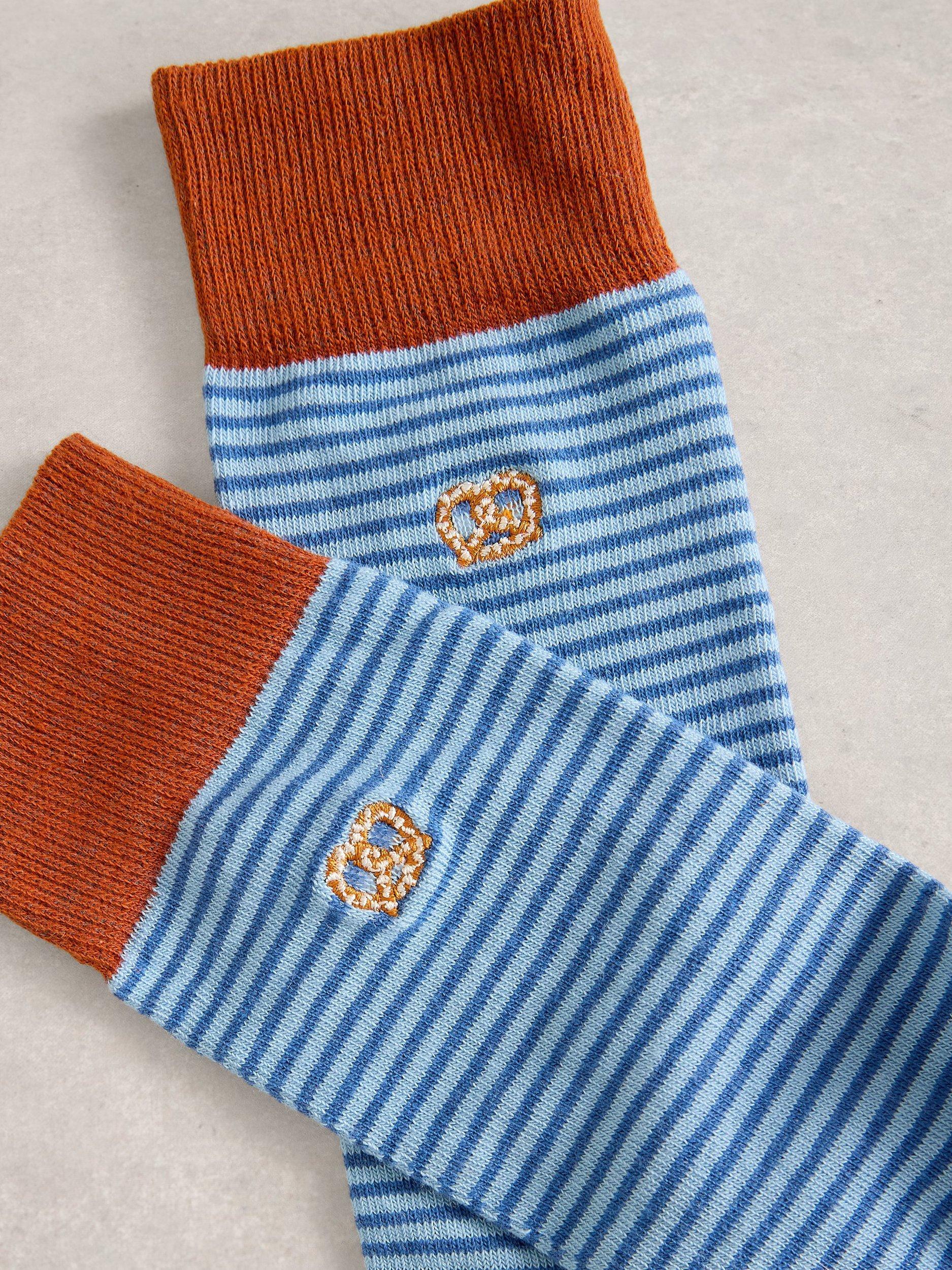Product image 2 of 2, which shows White Stuff Embroidered Pretzel Ankle Socks, Blue/Multi, 9-12
