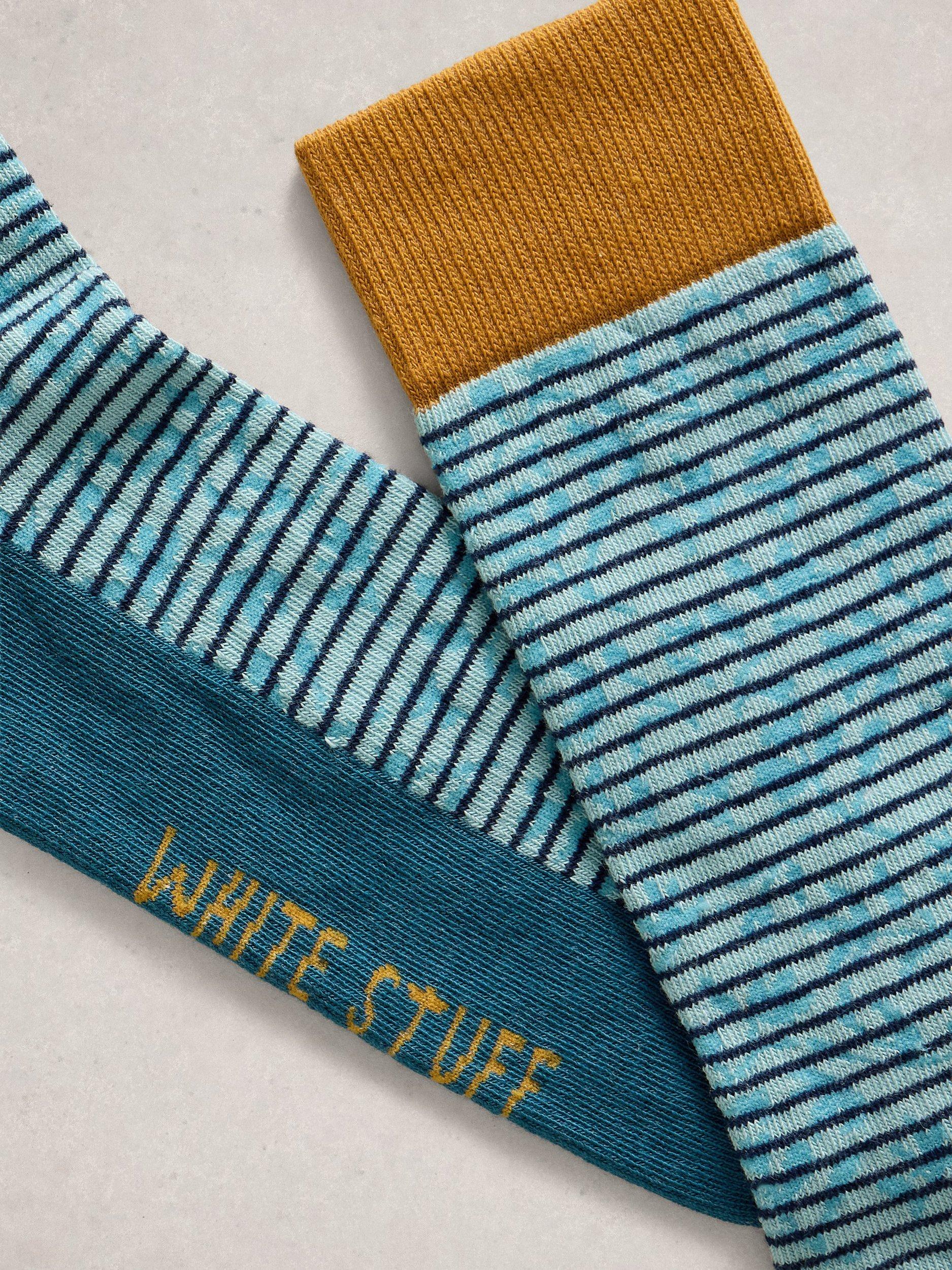 Product image 2 of 2, which shows White Stuff Thin Stripe Floral Ankle Socks, Blue/Multi, 9-12