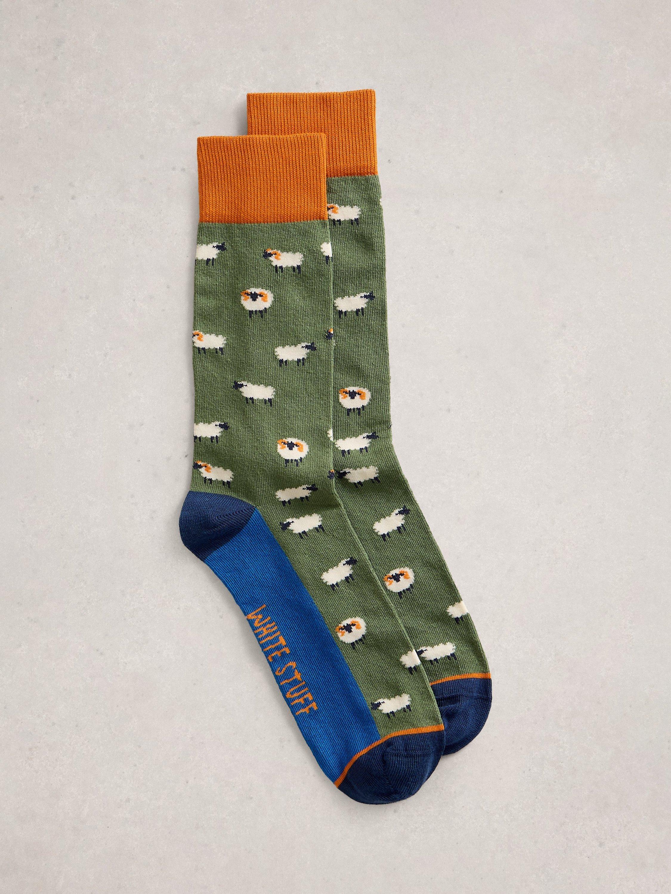 Product image 1 of 2, which shows White Stuff Sheep Ankle Socks, Green/Multi, 9-12