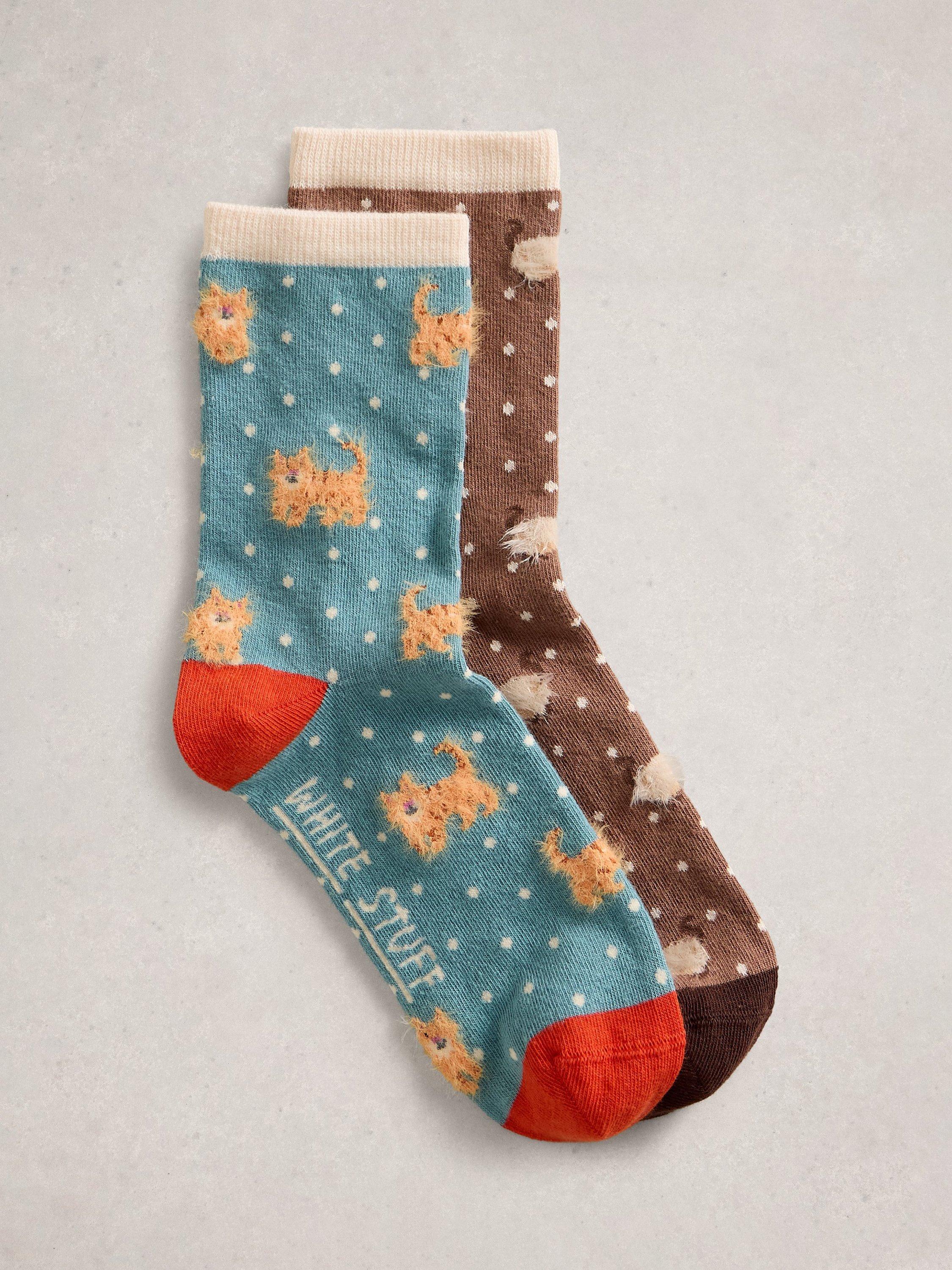 Product image 1 of 2, which shows White Stuff Cat Socks, Pack of 2, Multi, 3-5.5