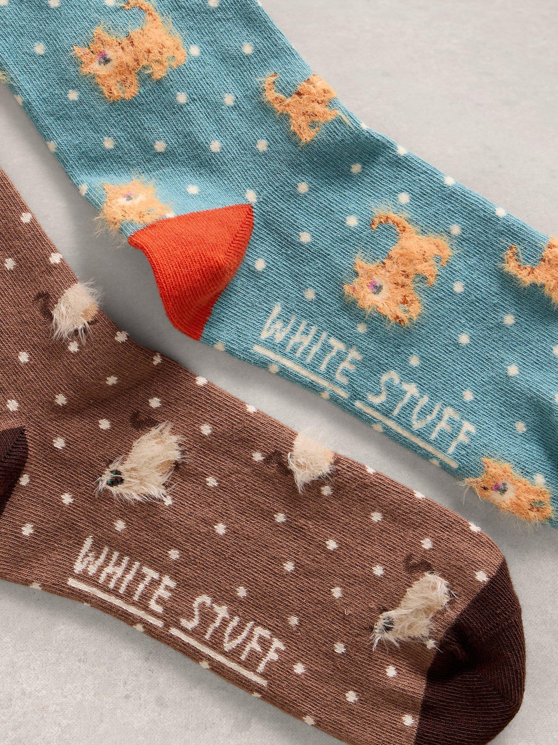Product image 2 of 2, which shows White Stuff Cat Socks, Pack of 2, Multi, 3-5.5