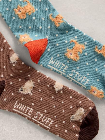 White Stuff Cat Socks, Pack of 2, Multi - view 2, Multi