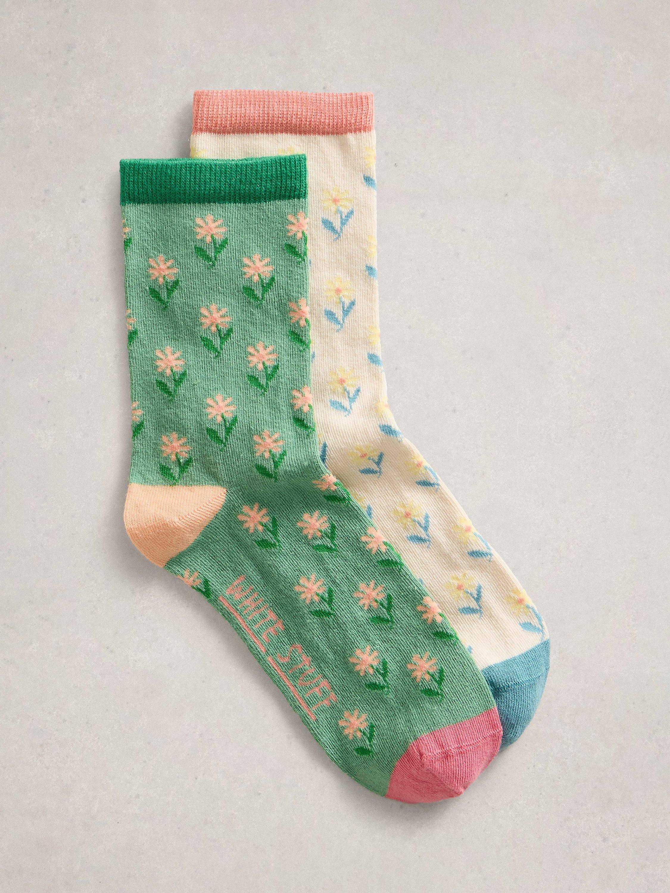 Product image 1 of 2, which shows White Stuff Flower Socks, Pack of 2, Multi, 3-5.5