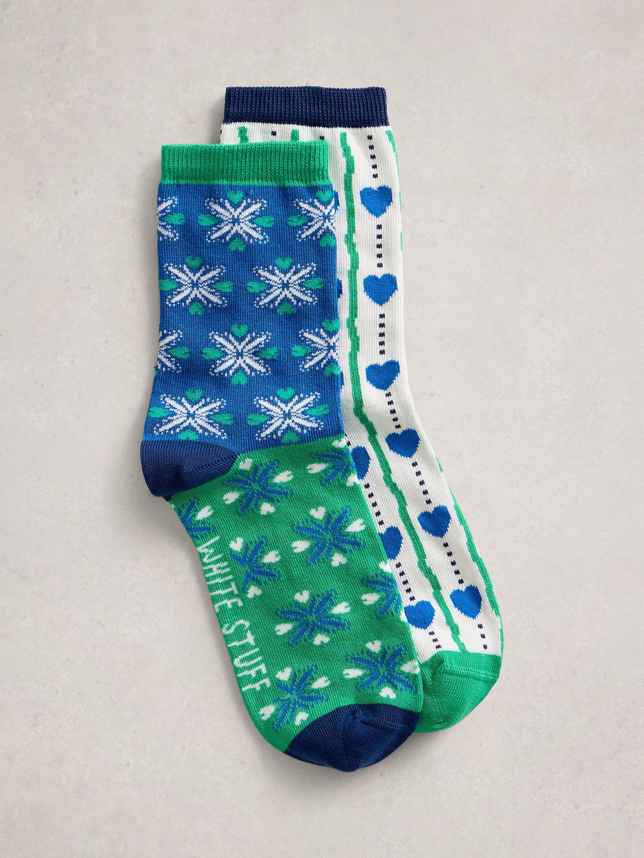 Product image 1 of 2, which shows White Stuff Heart Print Socks, Pack of 2, Blue/Multi, 3-5.5