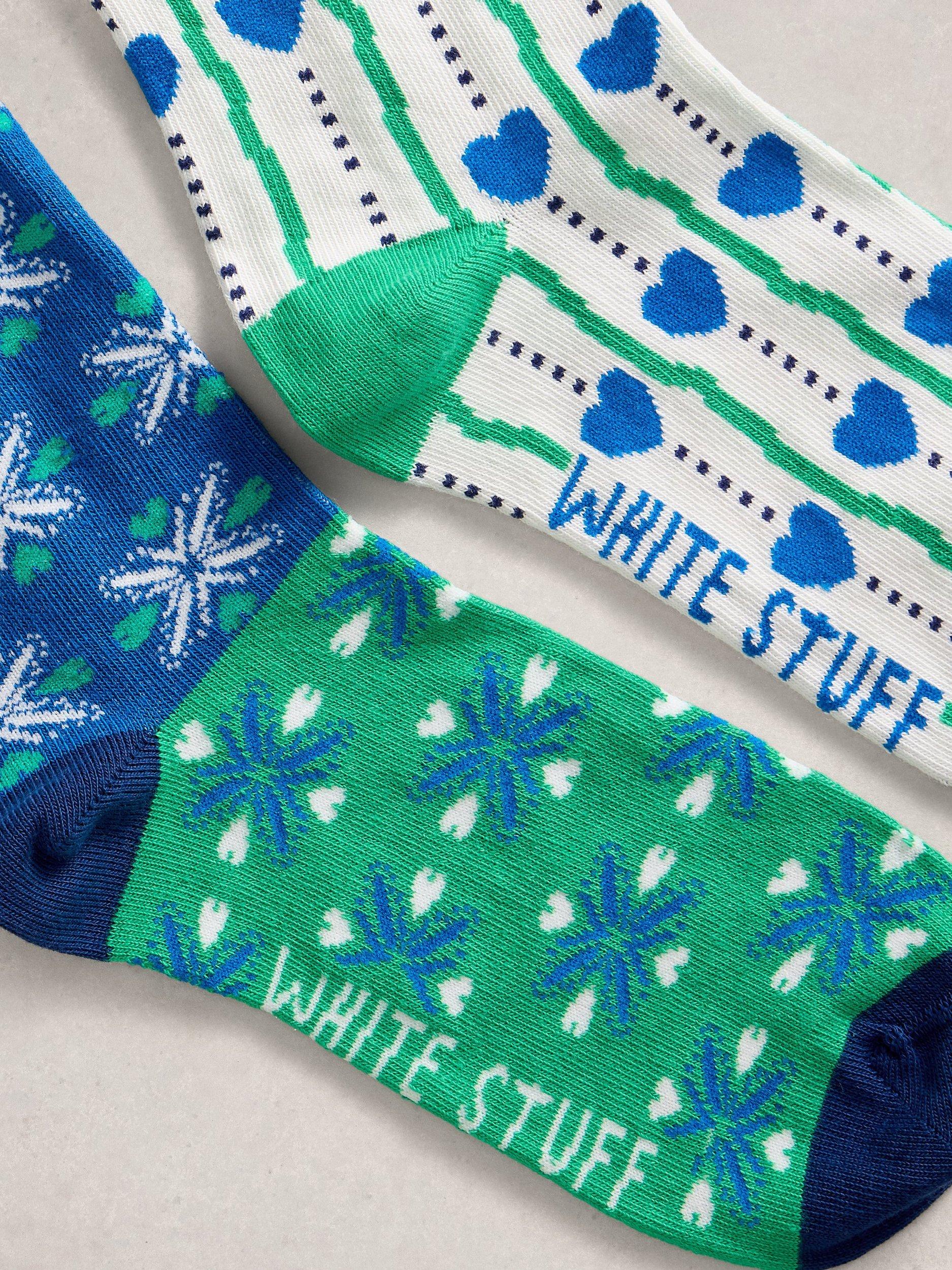 Product image 2 of 2, which shows White Stuff Heart Print Socks, Pack of 2, Blue/Multi, 3-5.5