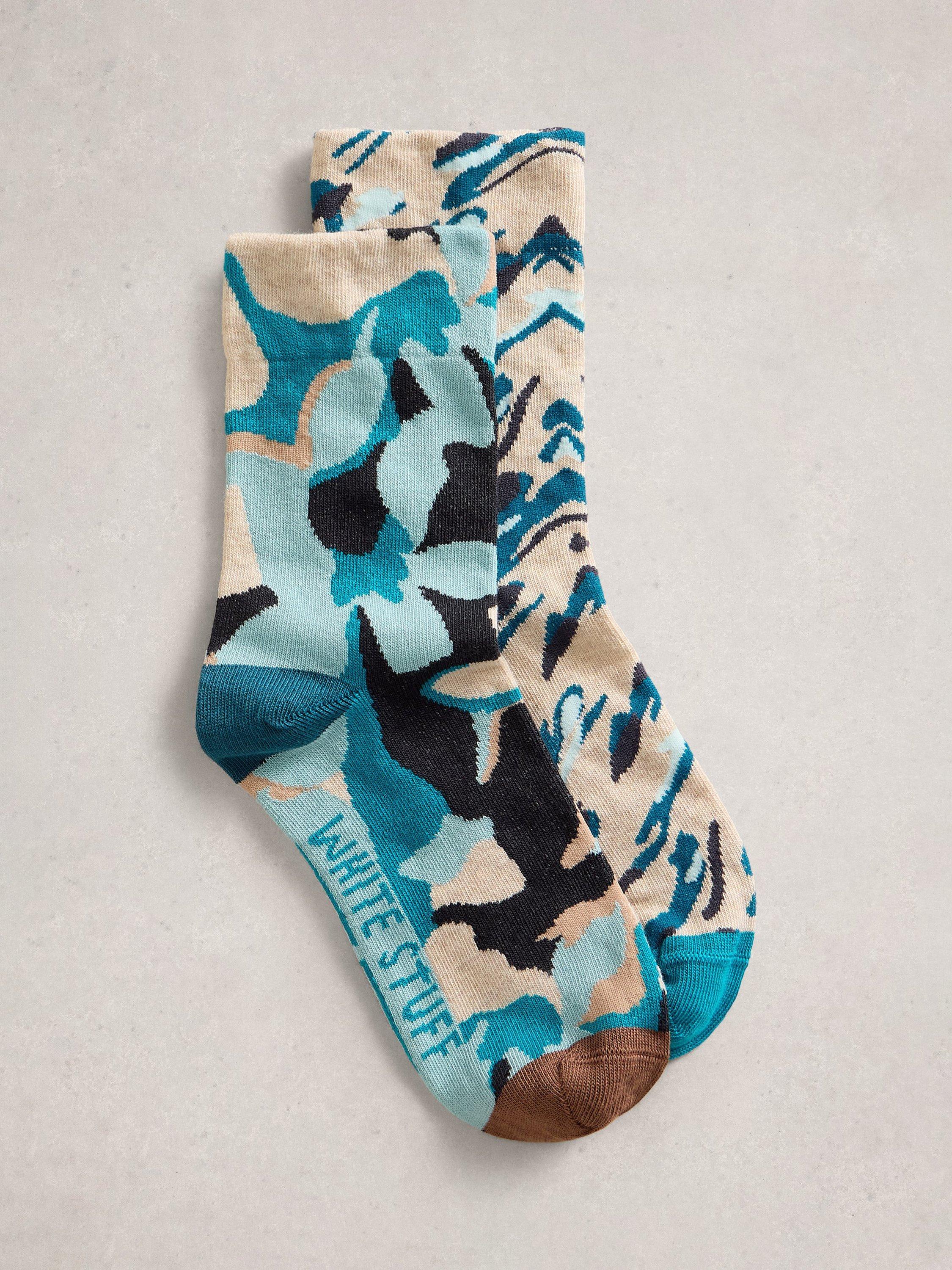 Product image 1 of 2, which shows White Stuff Abstract Socks, Pack of 2, Teal/Multi, 3-5.5