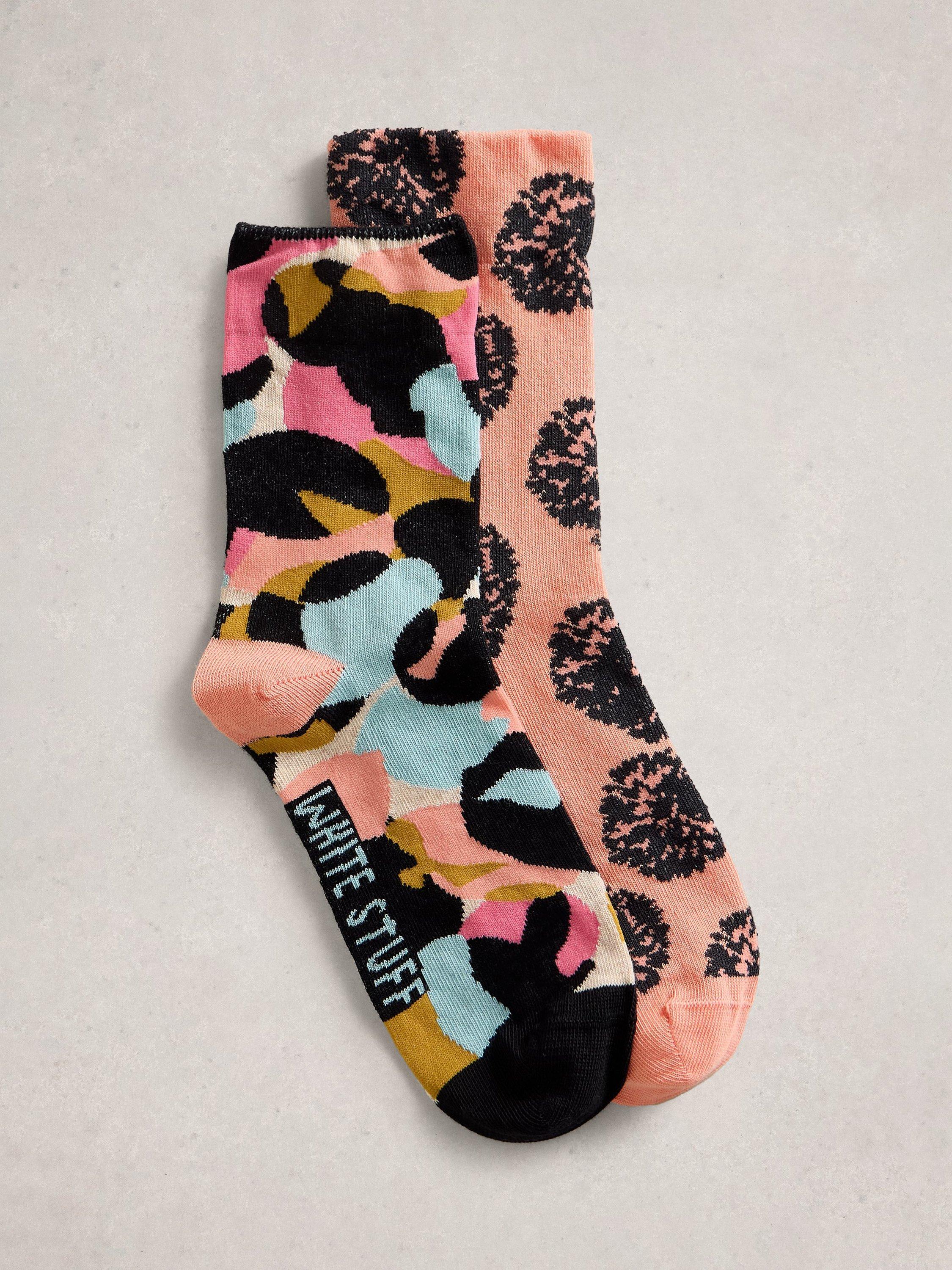 Product image 1 of 2, which shows White Stuff Spotted Print Socks, Pack of 2, Coral/Multi, 3-5.5