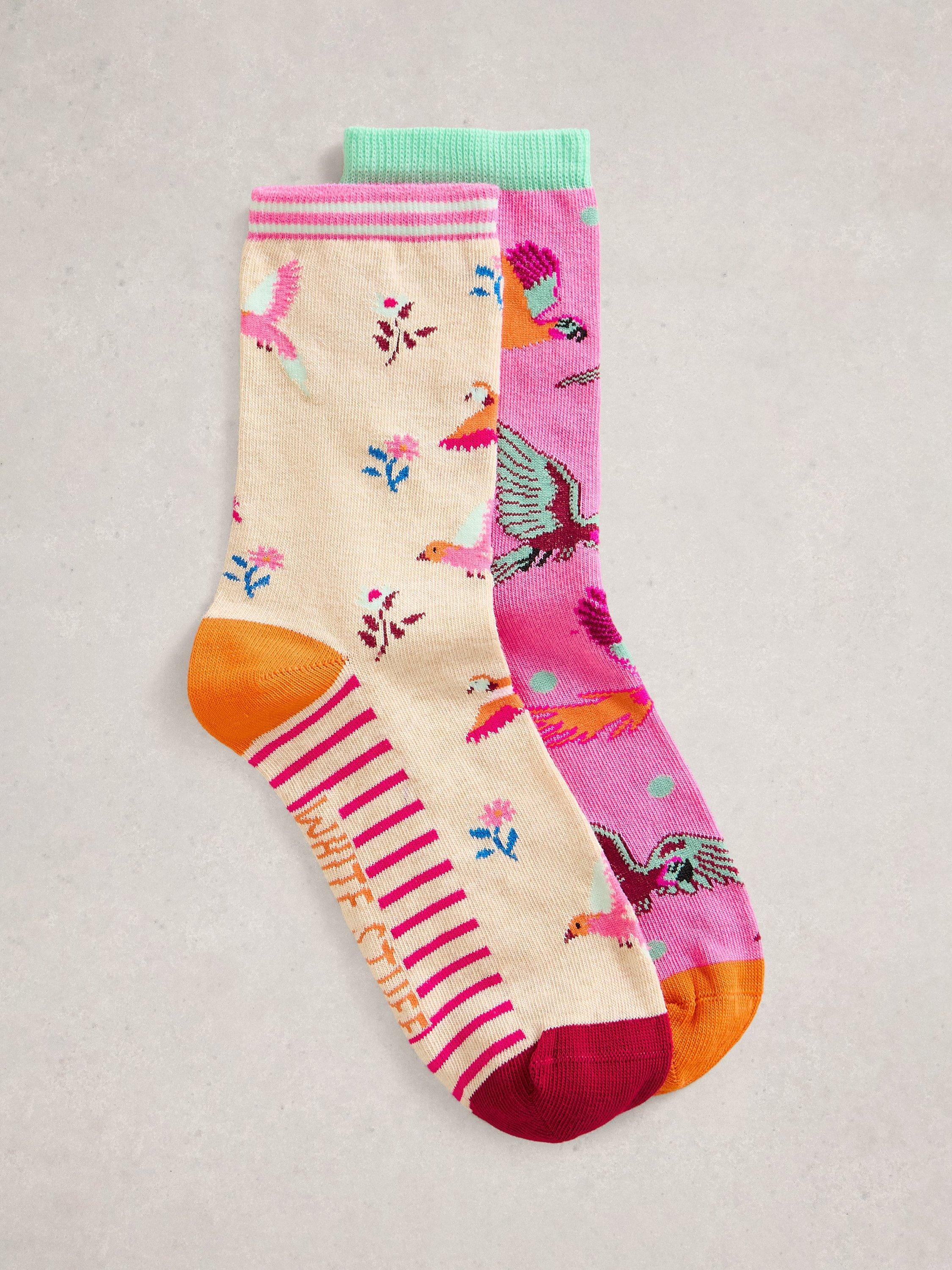 Product image 1 of 2, which shows White Stuff Parrot Socks, Pack of 2, Pink/Multi, 3-5.5